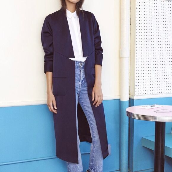 ayr - crystal cove jacket satin duster collared open front midi navy blue - Picture 2 of 10